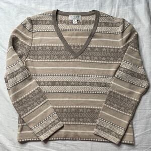 St. John Sport Patterned Knit Pullover Fair Isle Beige V-Neck Wool Sweater Small